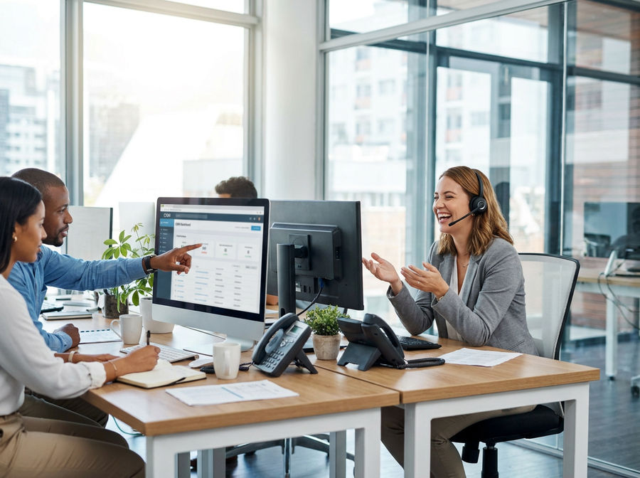 Business development team at work in an office: a representative wearing a headset on an outbound sales call while two colleagues review a CRM pipeline dashboard and take notes.